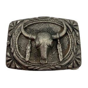 VTG Western Longhorn Bull Skull Belt Buckle Made USA Pewter Western Cowboy Rodeo